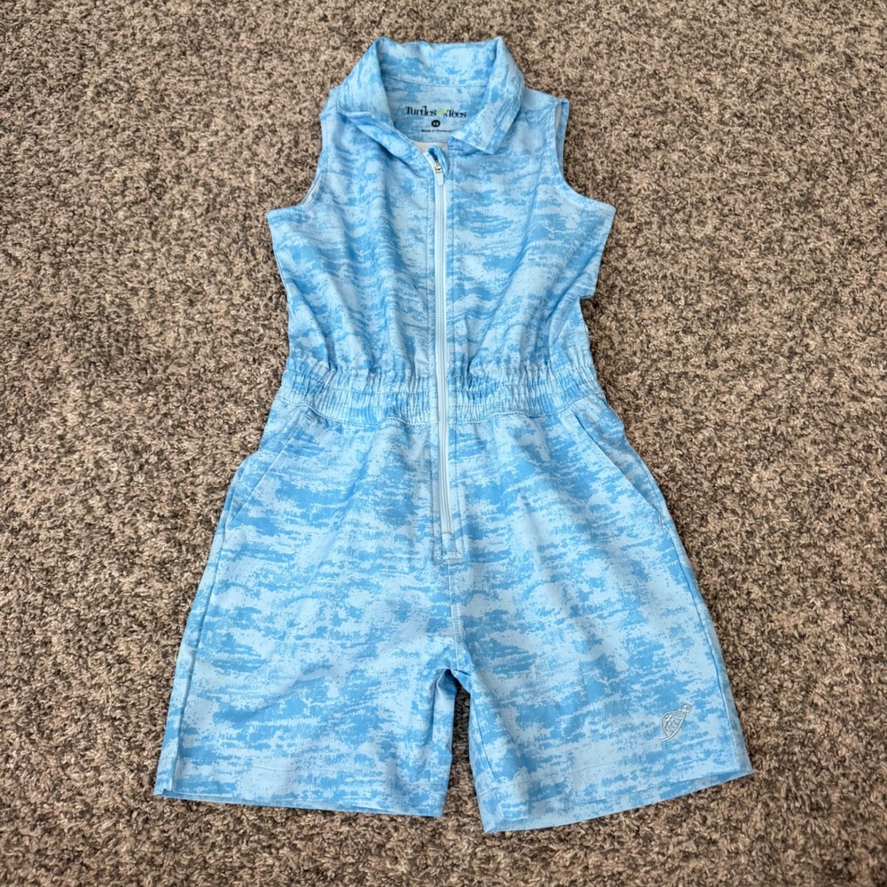 Turtles & Tees Girls Blue Abstract Print Sleeveless Golf Tennis Romper XS